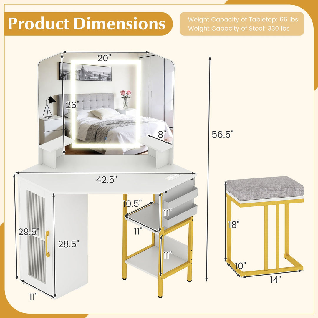 Corner Vanity Desk with Mirror and Lights Makeup Dressing Table with Triple Mirror-White