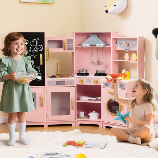 Corner Wooden Play Kitchen with Lights and Sounds Large Pretend Play Kitchen Set