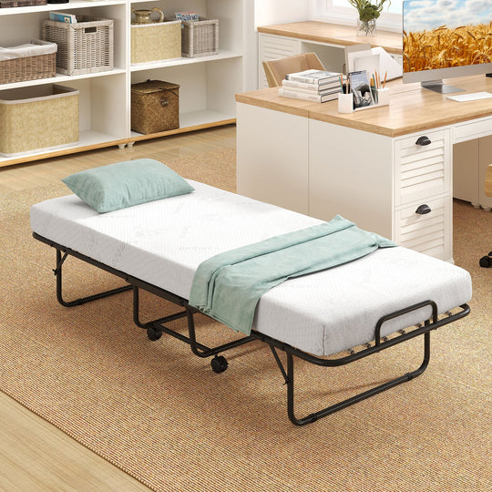 Cot Size Folding Bed Frame with Memory Foam Mattress and Metal Frame