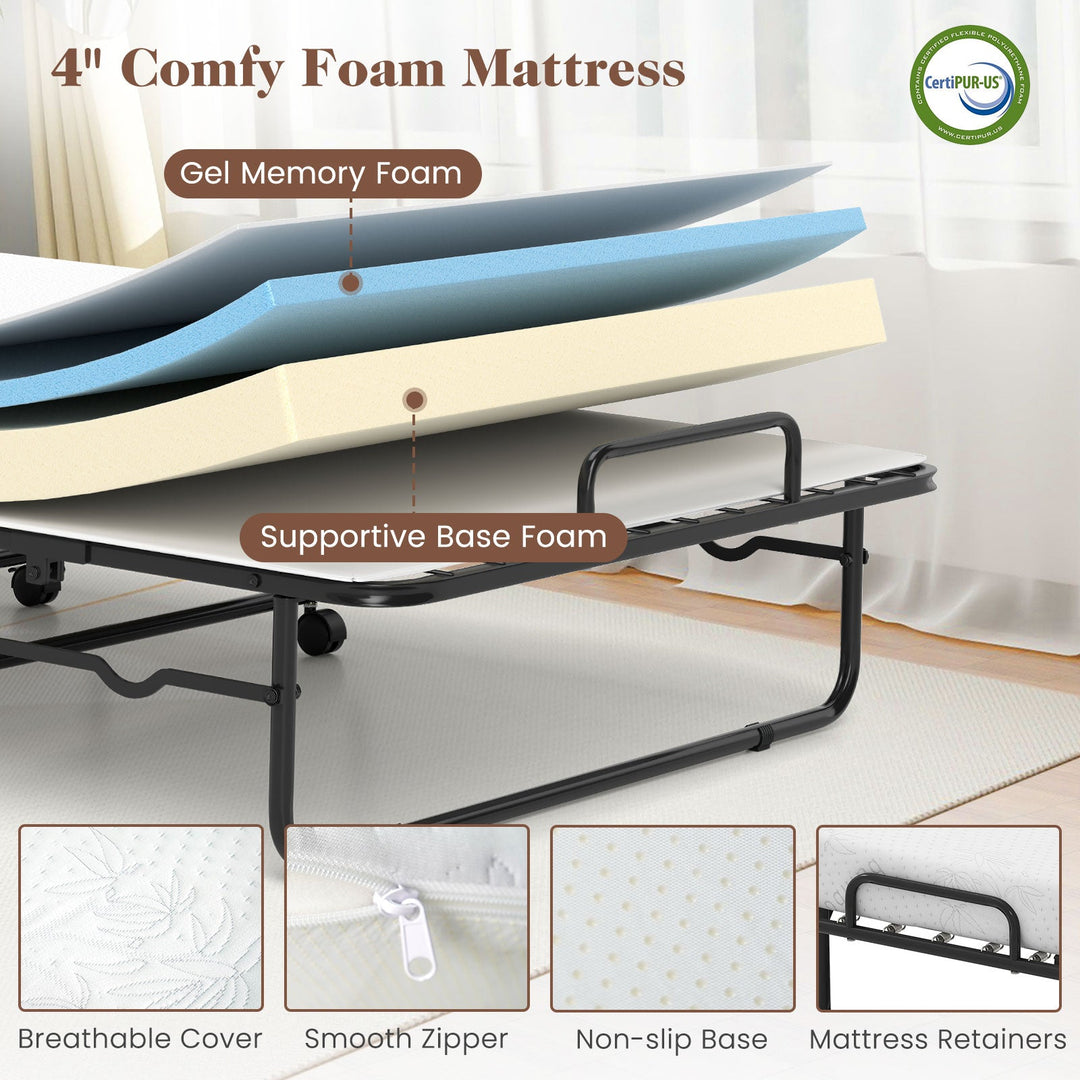 Cot Size Folding Bed Frame with Memory Foam Mattress and Metal Frame