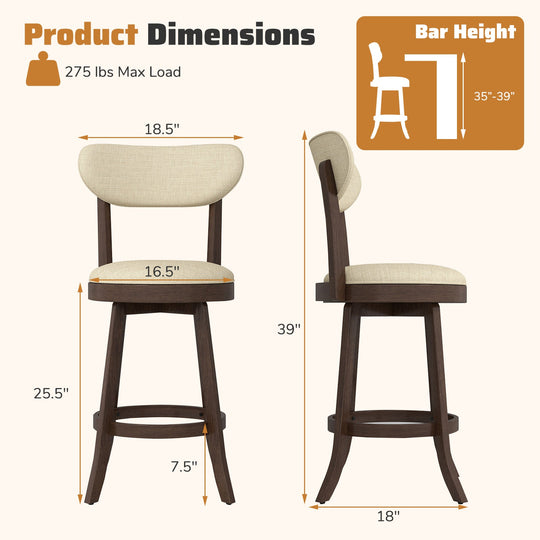 25.5 Inch Counter Height Chairs Set of 2 with Padded Seat and Backrest-Brown