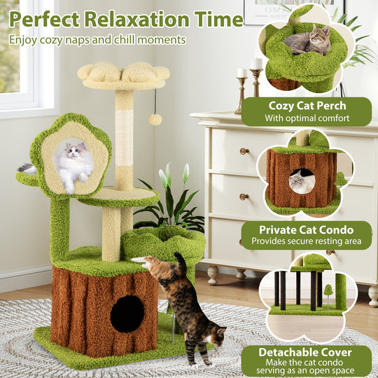 Cute Cat Tree for Adult Cats Multi-level Kitty Tower with Trunk Condo-Green