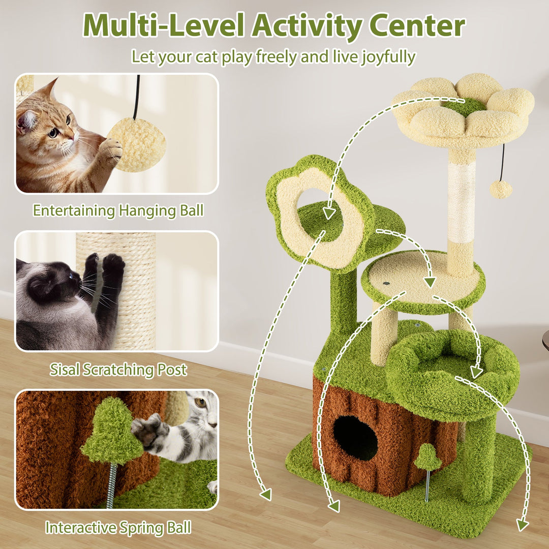 Cute Cat Tree for Adult Cats Multi-level Kitty Tower with Trunk Condo-Green