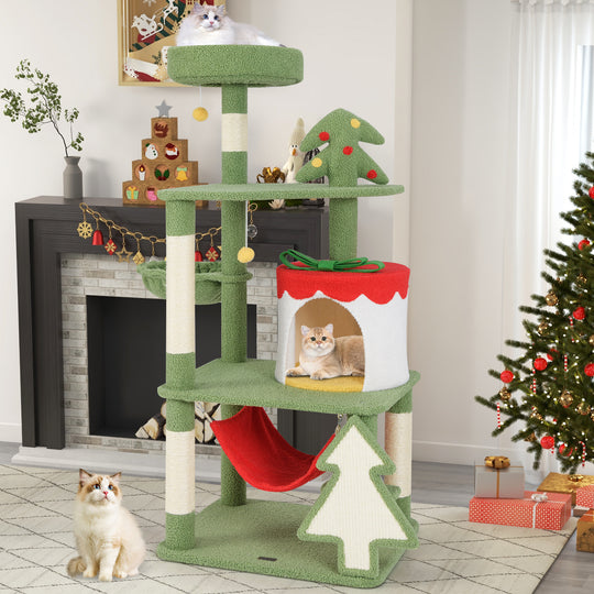 Cute Christmas Cat Tree with Sisal Scratching Posts and Gift Box Shaped Condo-Green