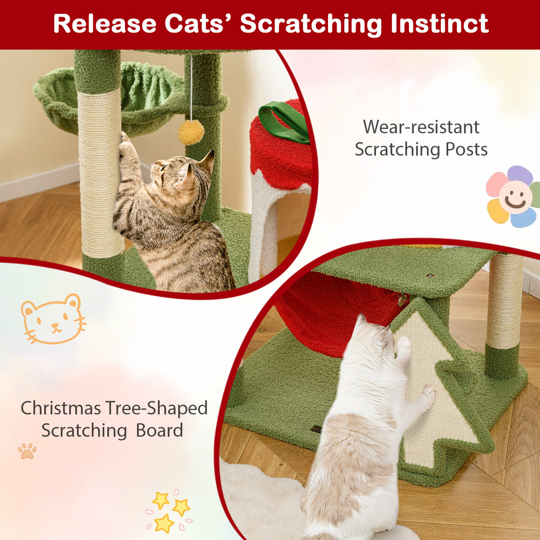 Cute Christmas Cat Tree with Sisal Scratching Posts and Gift Box Shaped Condo-Green