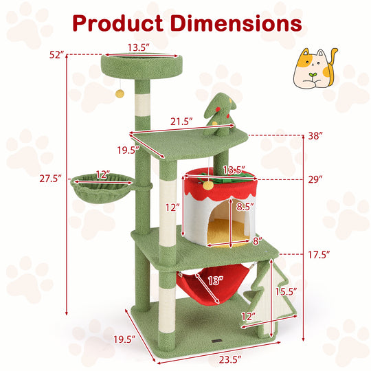 Cute Christmas Cat Tree with Sisal Scratching Posts and Gift Box Shaped Condo-Green