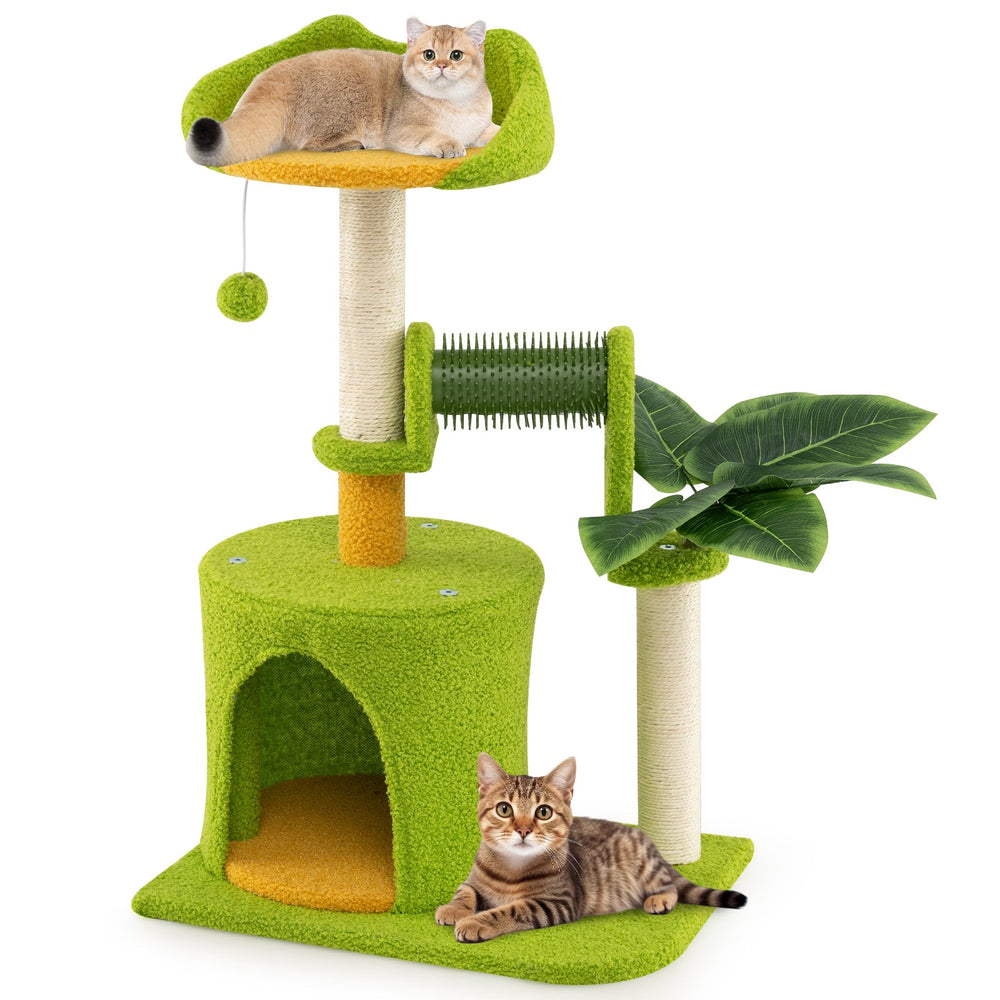 Cute Palm Cat Tree for Indoor Cats with Artificial Leaves-Green