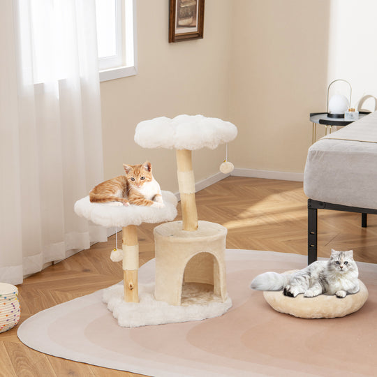 Cute Solid Wood Cat Tree Natural Branch Modern Flower Cat Tower with Sisal Scratching Posts-Beige