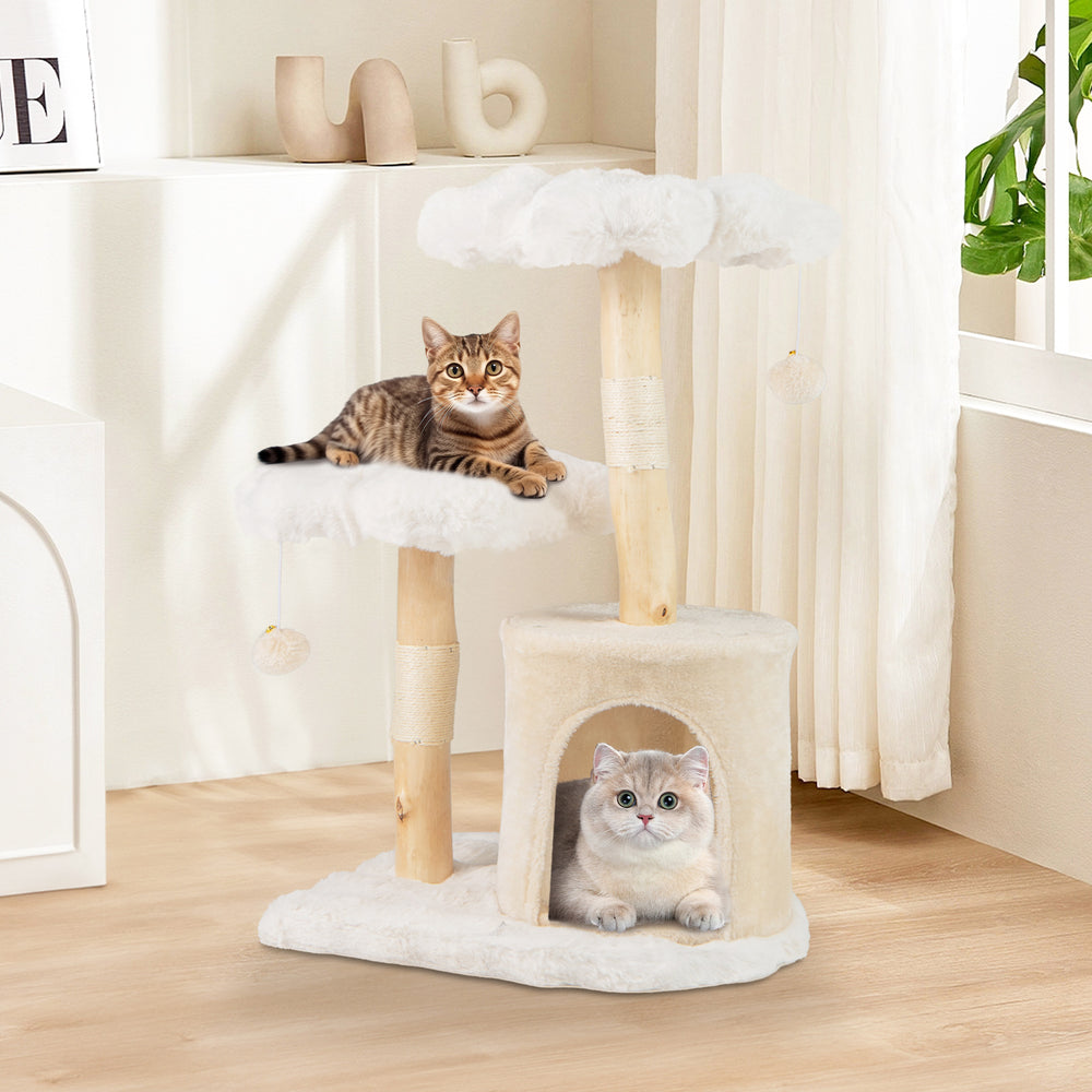 Cute Solid Wood Cat Tree Natural Branch Modern Flower Cat Tower with Sisal Scratching Posts-Beige