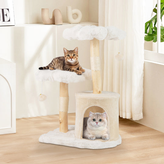 Cute Solid Wood Cat Tree Natural Branch Modern Flower Cat Tower with Sisal Scratching Posts-Beige