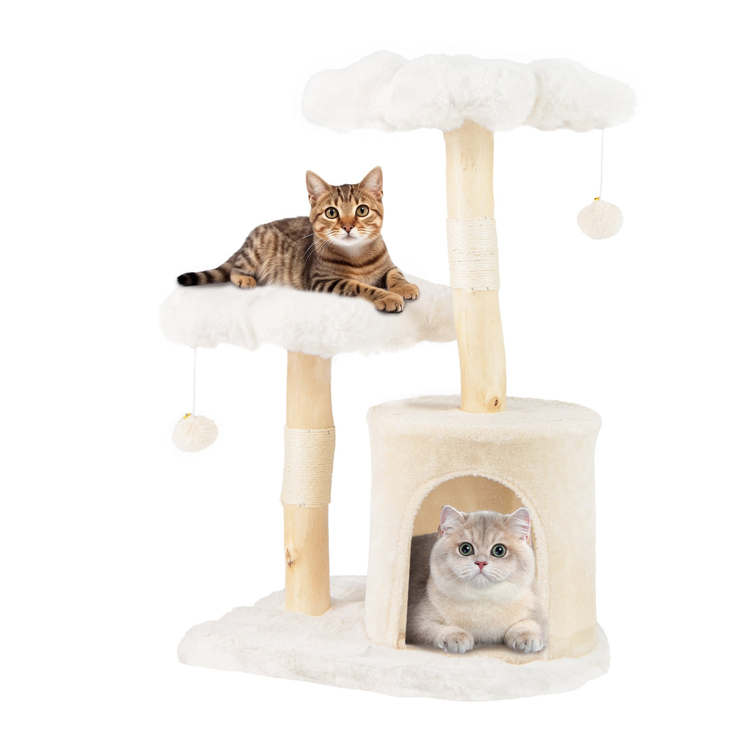 Cute Solid Wood Cat Tree Natural Branch Modern Flower Cat Tower with Sisal Scratching Posts-Beige