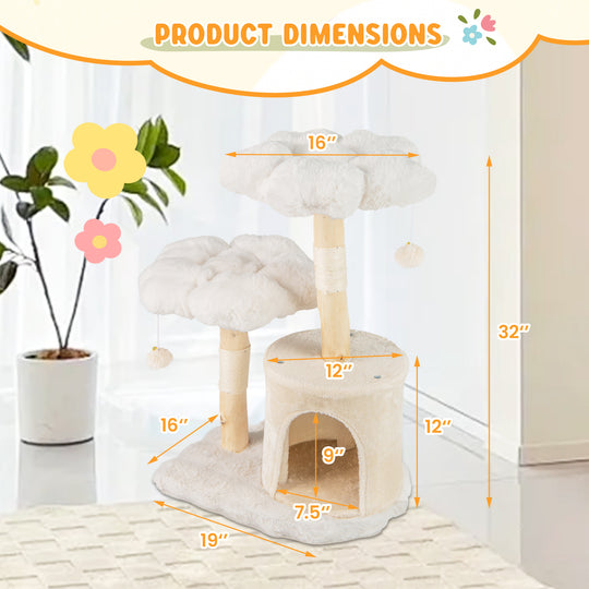 Cute Solid Wood Cat Tree Natural Branch Modern Flower Cat Tower with Sisal Scratching Posts-Beige