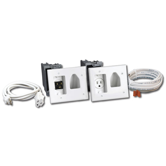 DataComm Recessed TV Cable Organizer & Power Kit with Outlet and Inlet Plates, White