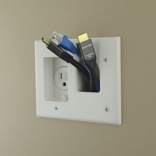 DataComm Recessed TV Cable Organizer & Power Kit with Outlet and Inlet Plates, White - view 4