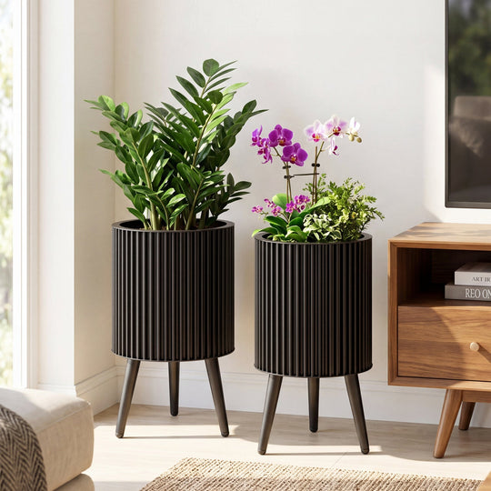 Fluted Metal Planter Pots with Stand Set of 2
