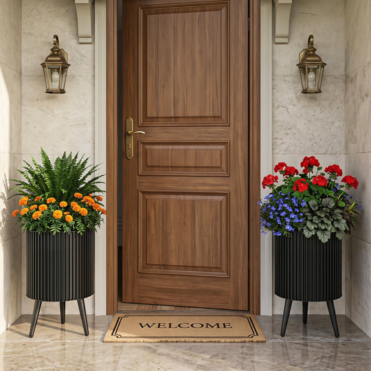 Fluted Metal Planter Pots with Stand Set of 2