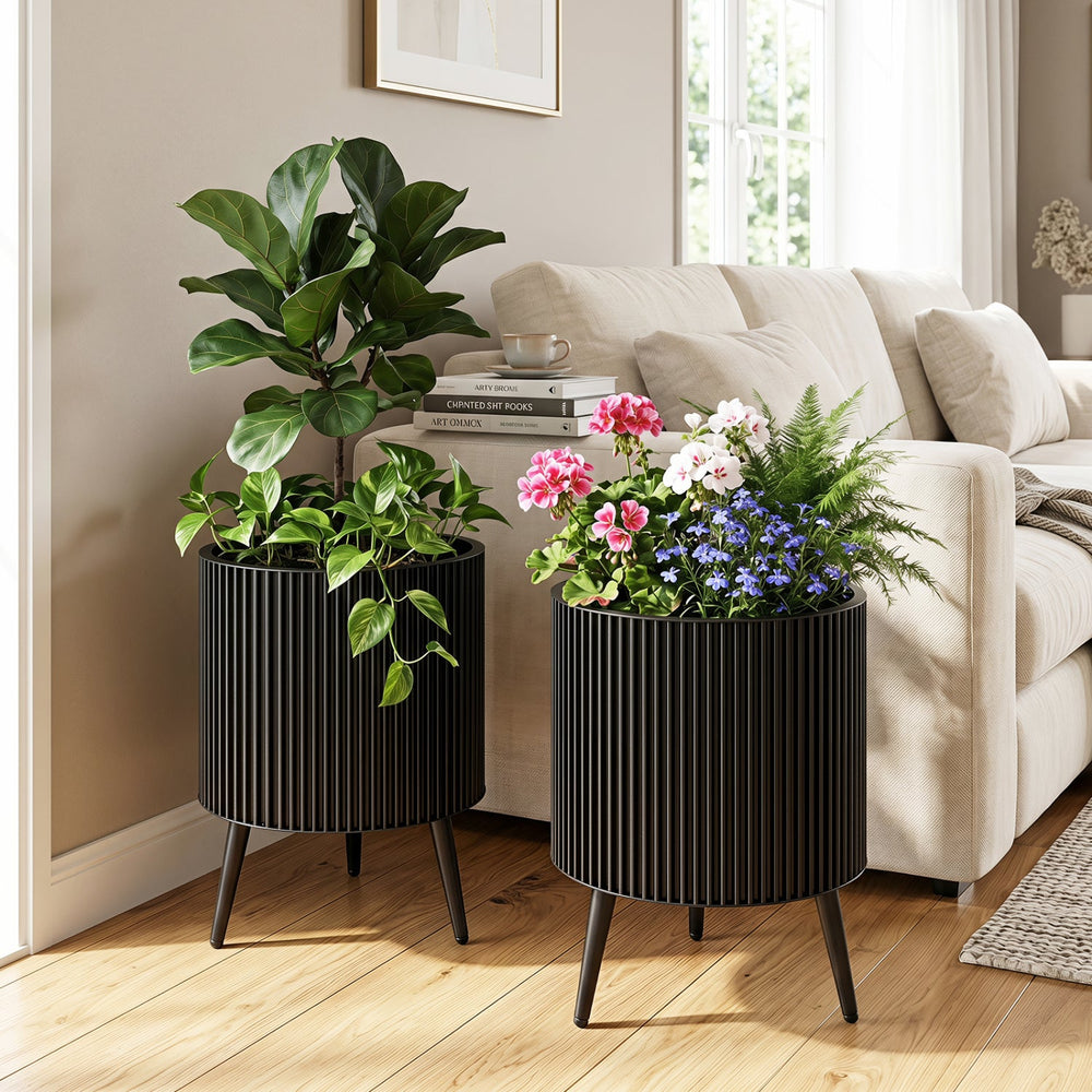 Fluted Metal Planter Pots with Stand Set of 2