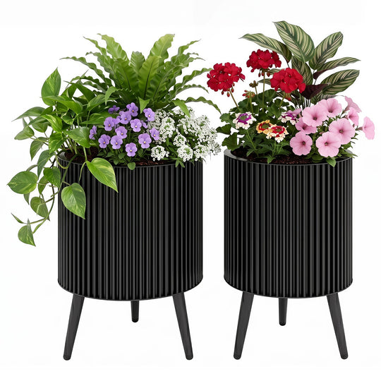 Fluted Metal Planter Pots with Stand Set of 2