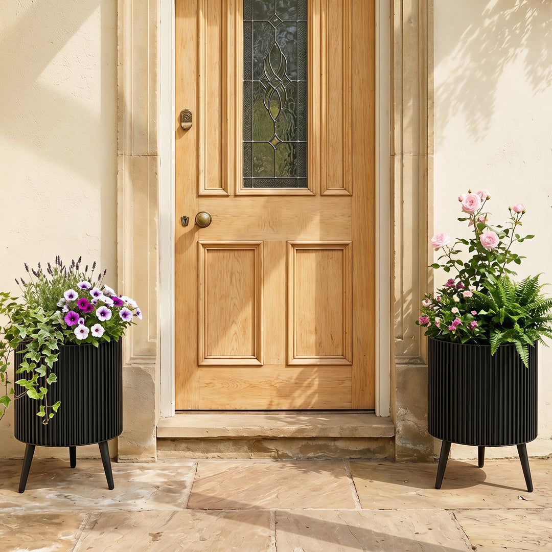 Fluted Metal Planter Pots with Stand Set of 2