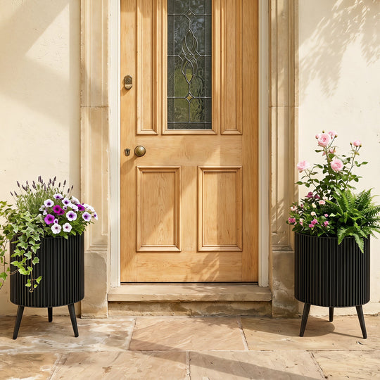 Fluted Metal Planter Pots with Stand Set of 2