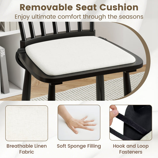 Dining Chairs Set of 2 Farmhouse Solid Rubber Wood Windsor Chairs with Removable Seat Cushions-Black
