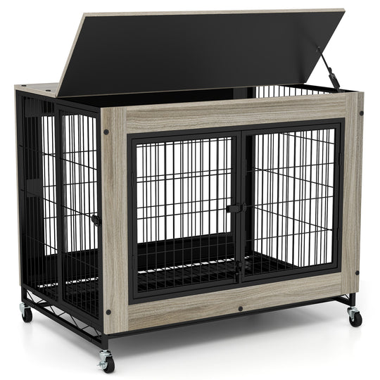 Industrial Dog Kennel with Flip-up Top 3 Lockable Doors and Removable Tray-Gray
