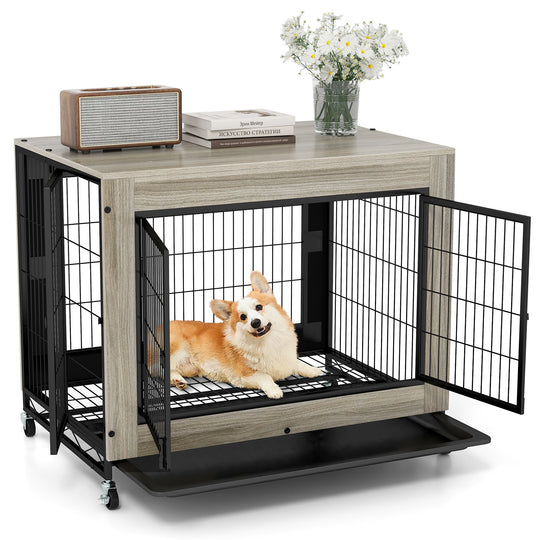 Industrial Dog Kennel with Flip-up Top 3 Lockable Doors and Removable Tray-Gray