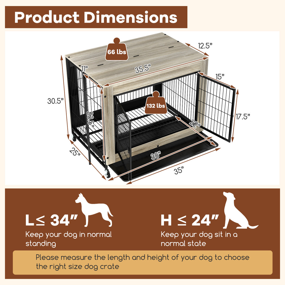 Industrial Dog Kennel with Flip-up Top 3 Lockable Doors and Removable Tray-Gray