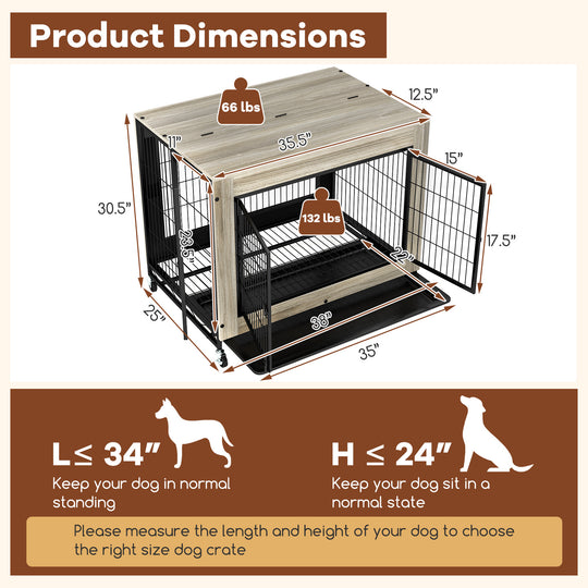 Industrial Dog Kennel with Flip-up Top 3 Lockable Doors and Removable Tray-Gray