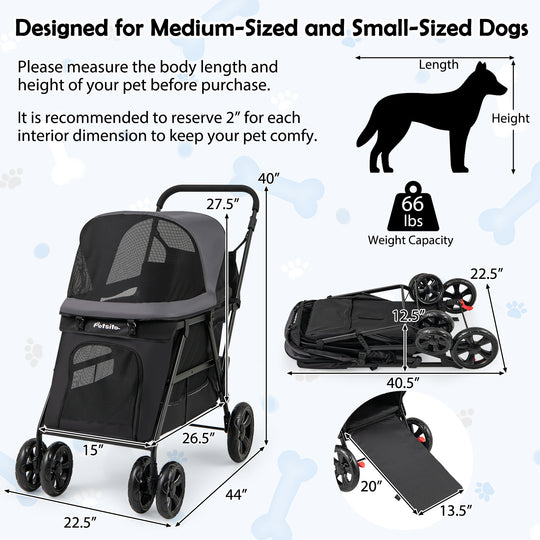 Dog Stroller for Medium Small Senior Elderly Dogs with Dual Entry-Black