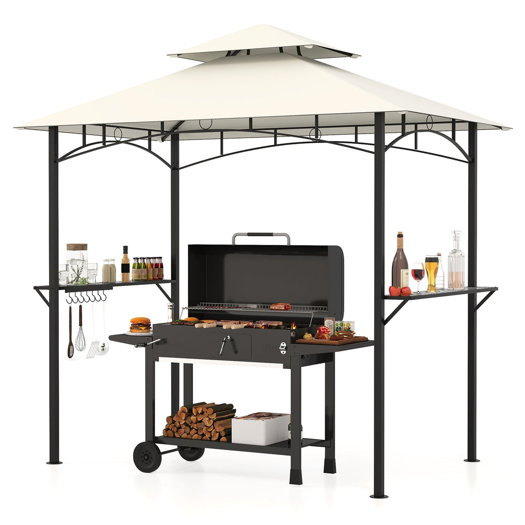 Outdoor Double-Tiered Grill Gazebo Canopy with 2 Shelves and 7 Hooks