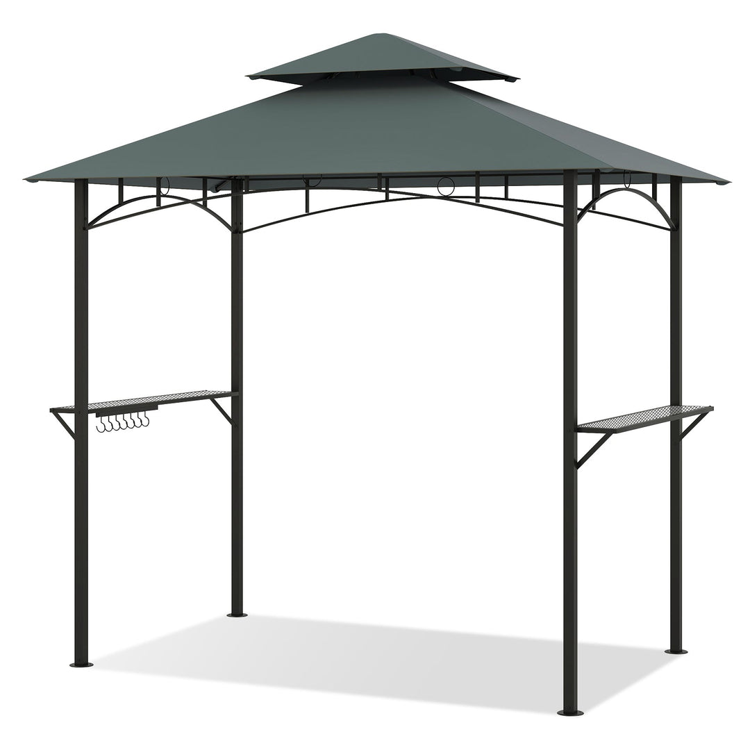 Outdoor Double-Tiered Grill Gazebo Canopy with 2 Shelves and 7 Hooks