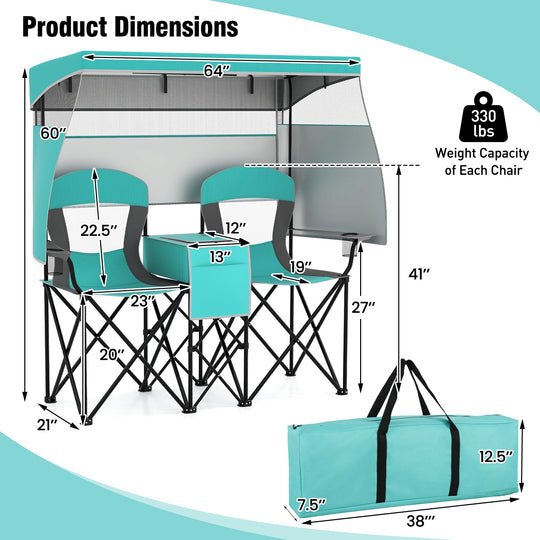 Double Beach Chair with Adjustable Canopy and 3 -Side Shading Curtains