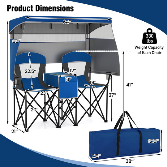 Double Beach Chair with Adjustable Canopy and 3 -Side Shading Curtains