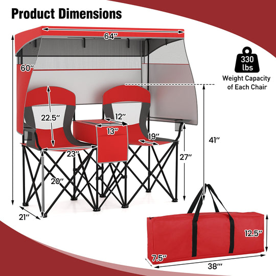 Double Beach Chair with Adjustable Canopy and 3 -Side Shading Curtains