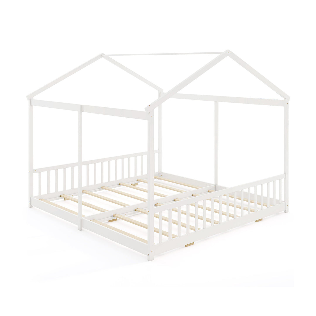 Double Floor Bed for Twins House Beds with Safety Guardrails for 2 Kids-White