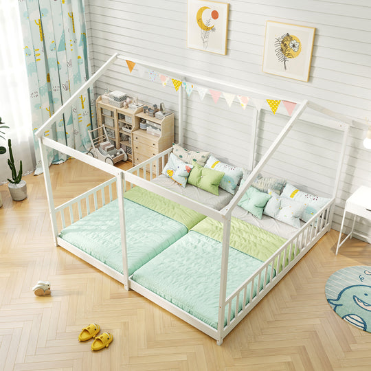 Double Floor Bed for Twins House Beds with Safety Guardrails for 2 Kids-White