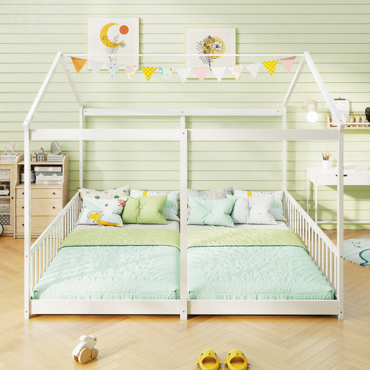 Double Floor Bed for Twins House Beds with Safety Guardrails for 2 Kids-White