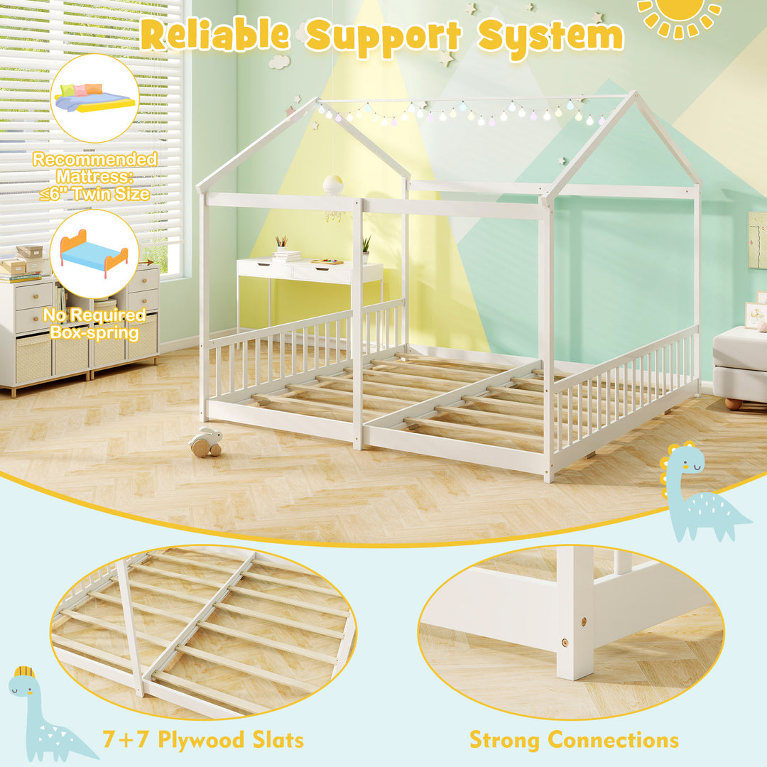 Double Floor Bed for Twins House Beds with Safety Guardrails for 2 Kids-White