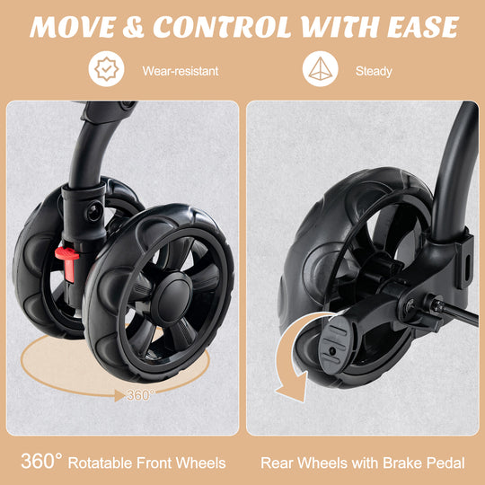 Double Pet Stroller Foldable 3-in-1 Dog Stroller with 2 Detachable Carriers-Beige