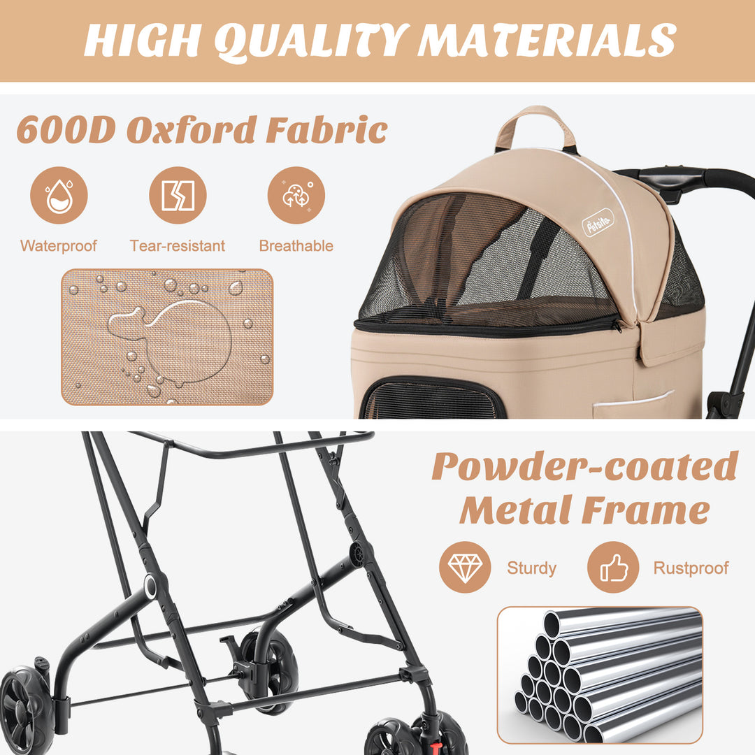 Double Pet Stroller Foldable 3-in-1 Dog Stroller with 2 Detachable Carriers-Beige