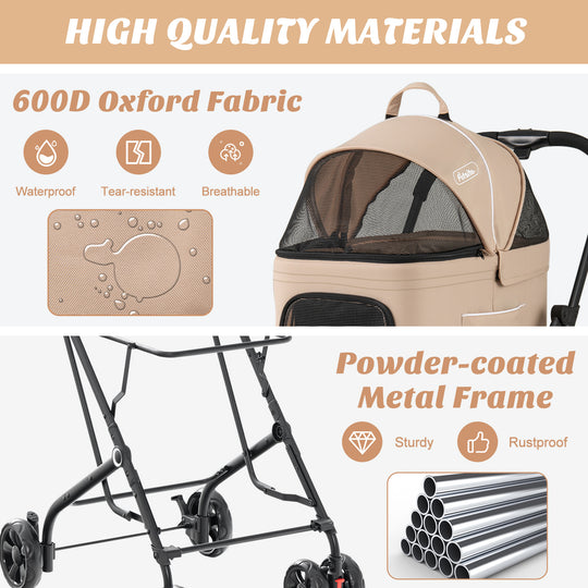 Double Pet Stroller Foldable 3-in-1 Dog Stroller with 2 Detachable Carriers-Beige
