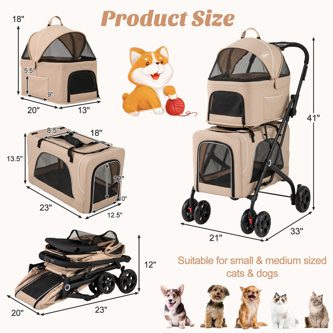 Double Pet Stroller Foldable 3-in-1 Dog Stroller with 2 Detachable Carriers-Beige
