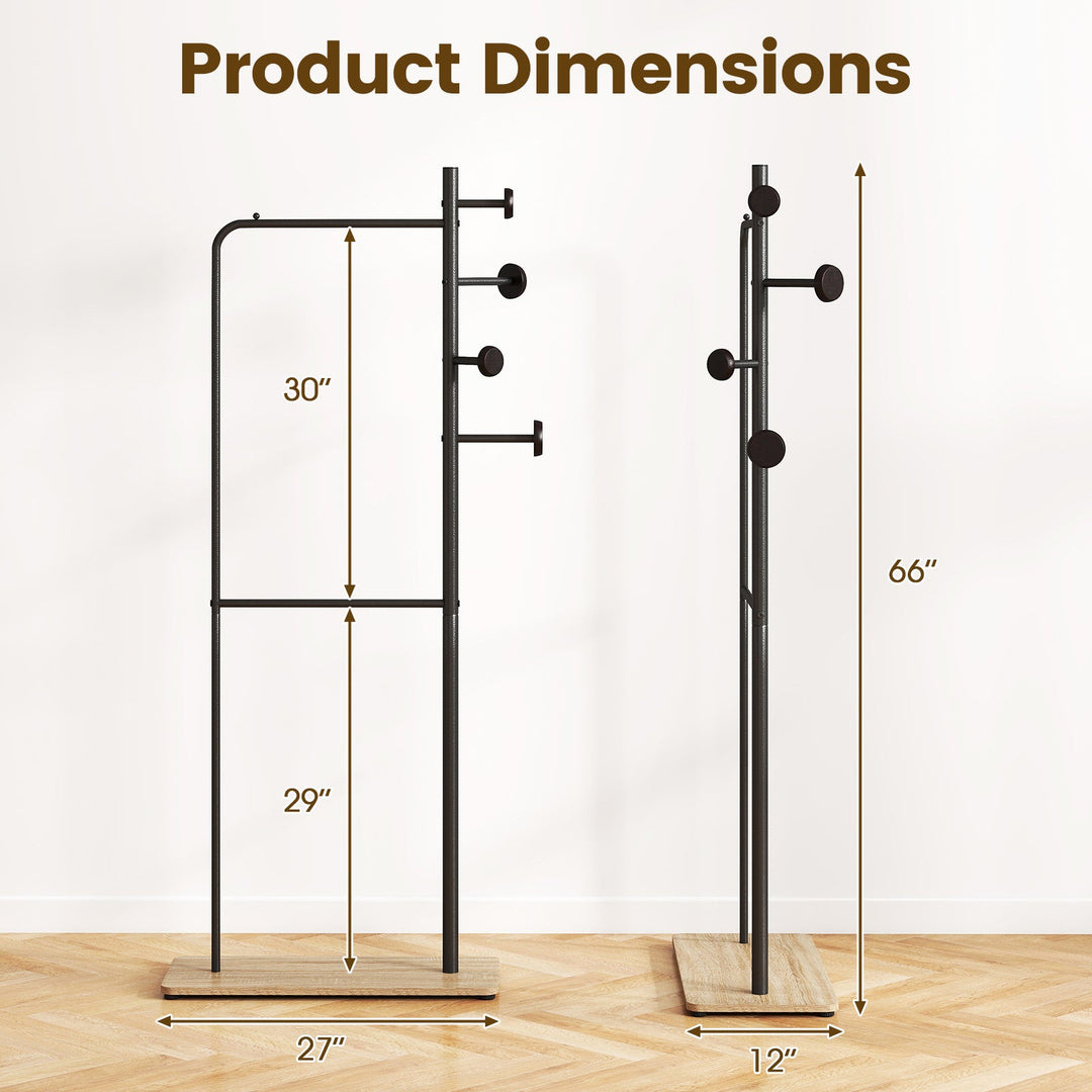 Double Rods Clothes Hanging Rack with Rubber Wood Hooks