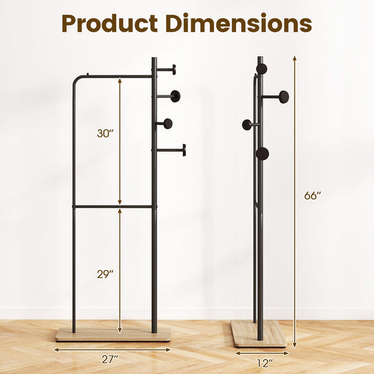 Double Rods Clothes Hanging Rack with Rubber Wood Hooks