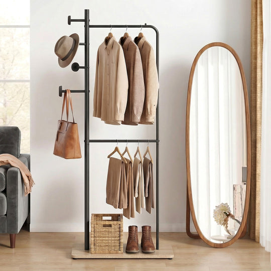 Double Rods Clothes Hanging Rack with Rubber Wood Hooks