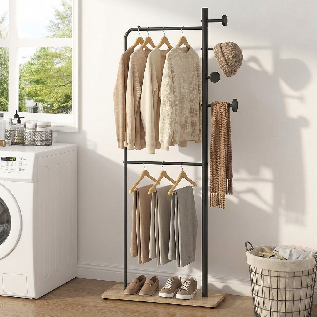 Double Rods Clothes Hanging Rack with Rubber Wood Hooks