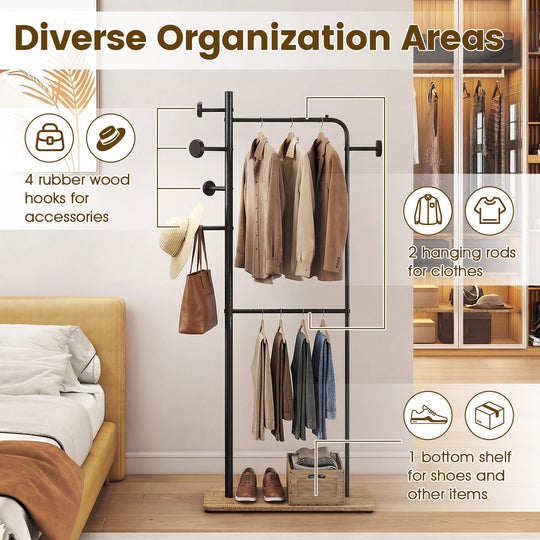 Double Rods Clothes Hanging Rack with Rubber Wood Hooks