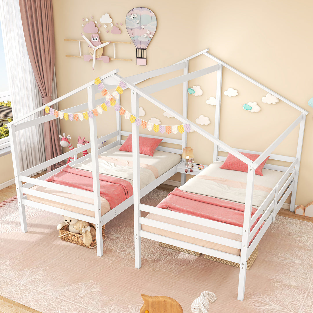 Double Twin Size Wooden Bed Frames with Built-in Table for Kids-White