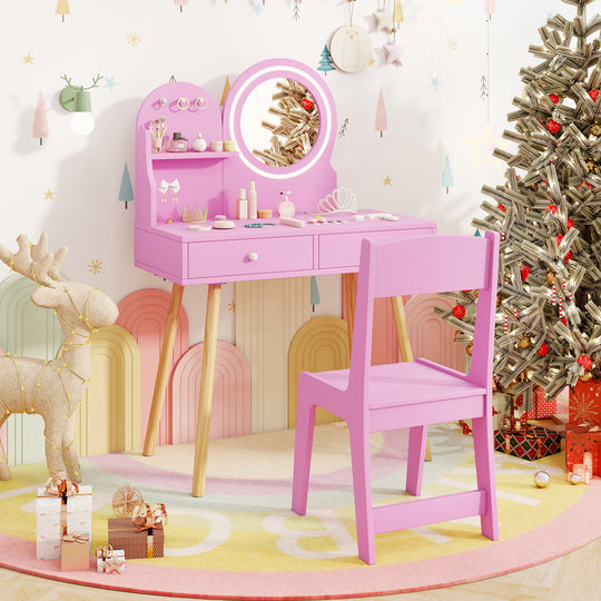 Kids Princess Makeup Dressing Desk and Chair Set with Mirror and Lights-Pink